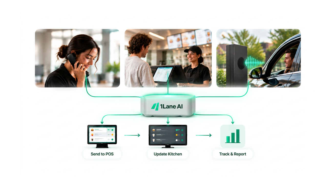 Phone, counter, and drive-thru orders flow through 1Lane AI to the POS, kitchen, and reporting